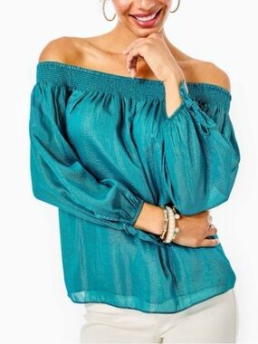 Lilly Pulitzer Maryellen Top in Valencia Teal Off-Shoulder - M